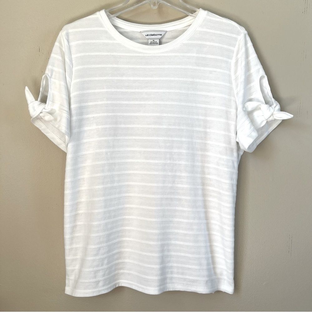 Liz Claiborne Crisp White Cotton Tie Sleeve Ribbed Blouse Top Size Large